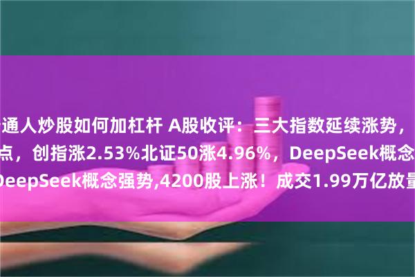 普通人炒股如何加杠杆 A股收评:三大指数延续涨势,沪指涨1%站上3300点,创指涨2.53%北证50涨4.96%,DeepSeek概念强势,4200股上涨!成交1.99万亿放量4370亿